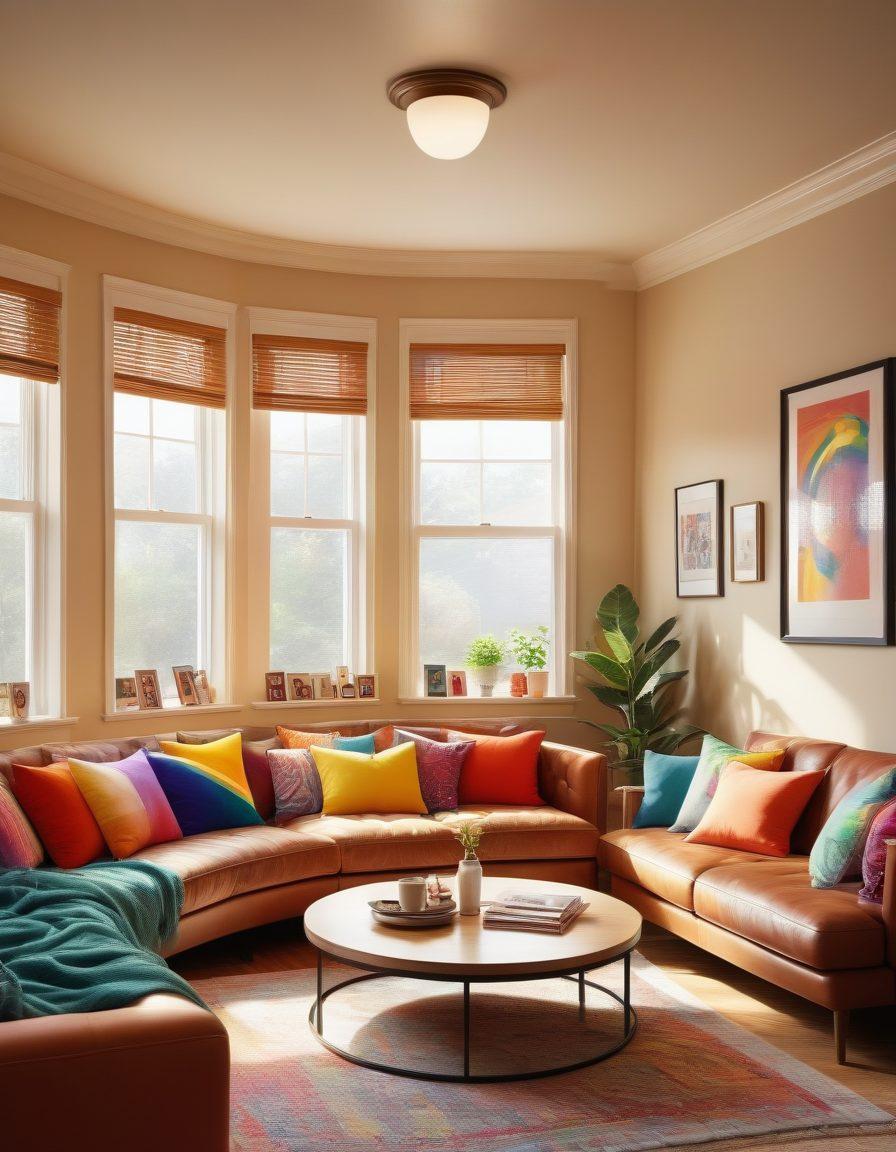 A cozy living room adorned with colorful decor, featuring a diverse group of friends joyfully watching LGBTQ home videos on a modern TV. The atmosphere is warm, with rainbow flags and framed photos of pride moments on the walls, while snacks and drinks are neatly arranged on a coffee table. Sunlight filters through large windows, creating a vibrant and inviting space. super-realistic. vibrant colors. warm tone.
