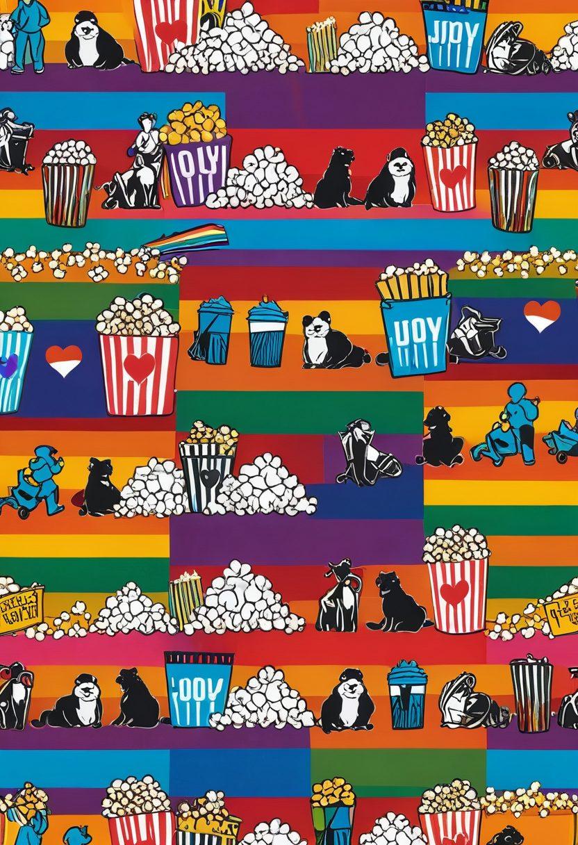 A vibrant and colorful collage of diverse LGBTQ movie clips featuring iconic scenes, such as a rainbow flag waving, a heart-shaped film reel, and silhouettes of couples embracing. The background should be a lively film set with colorful lights and bold graphics representing inclusivity. Incorporate symbols like a pride badge and a popcorn bucket to signify home entertainment. The overall atmosphere should be celebratory and dynamic, drawing viewers into the joy of diversity in film. vibrant colors. bold graphics. 3D.