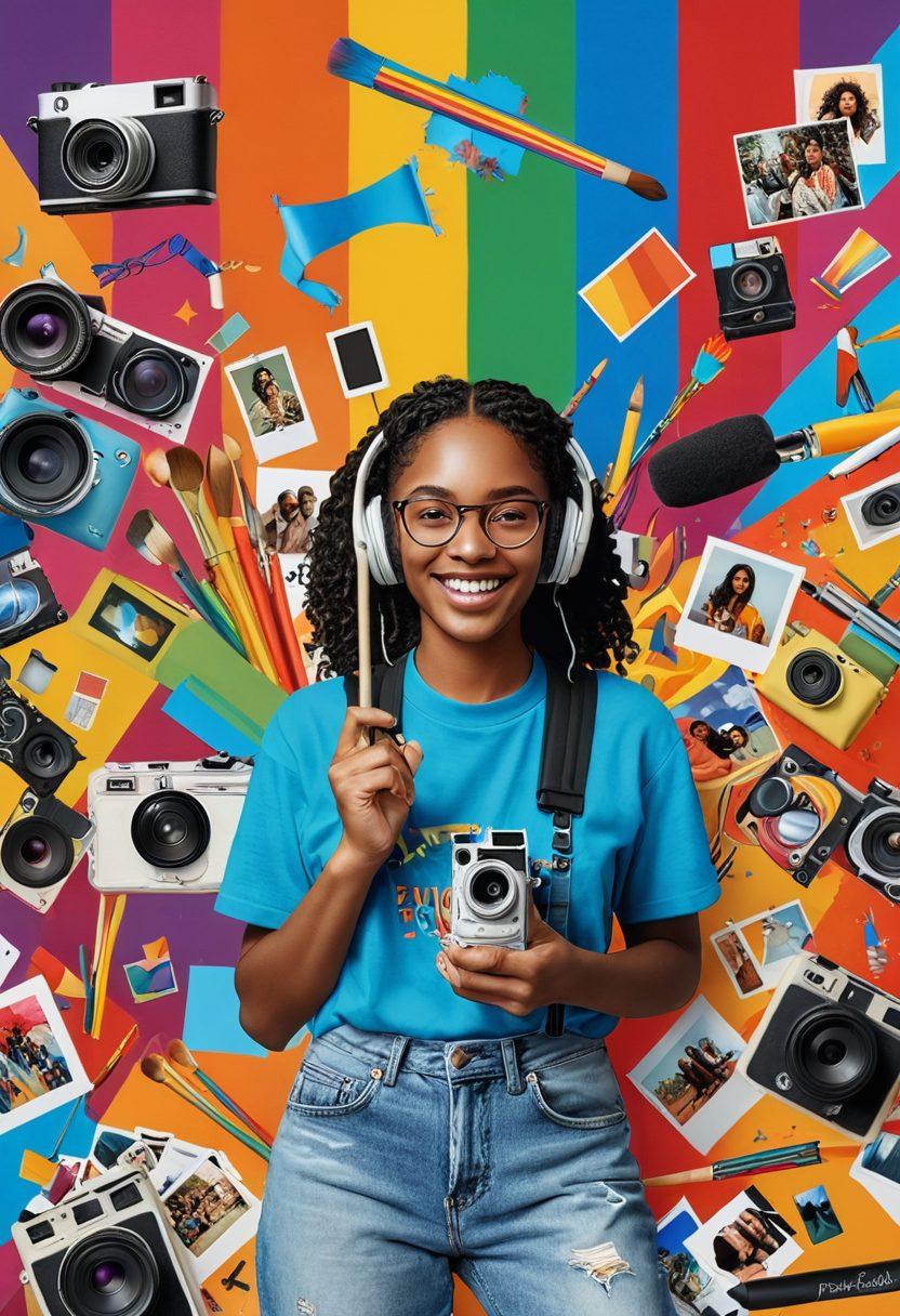 A vibrant collage showcasing various queer multimedia elements - a person vlogging with a camera, colorful lifestyle moments, art supplies, music instruments, and engaged community members celebrating diversity. Make the scene lively with rainbow colors and playful designs that represent inclusivity and creativity. super-realistic. vibrant colors. 3D.